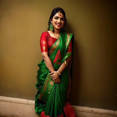 a woman in a green and red sari standing against a wall, dressed in a sari, wearing a sari, wearing sari, wearing a steampunk sari, traditional beauty, with a happy expression, with a beautifull smile, with lovely look, wearing an elegant tribal outfit, ca...