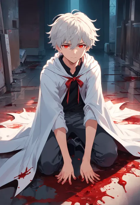 A young teenage man with curly white hair and blood-red eyes in a white outfit is a black cape tied with blood on the body on the floor, a pile of corpses with blood on the floor;