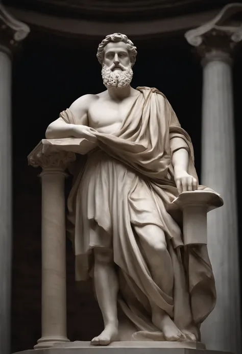 Create a cinematic representation of a Greek statue of philosophy, from the waist up, wearing period clothing and with period writing in hand, in 8K resolution, against a dark backdrop. The statue must capture the essence of classical Greek philosophy, wit...