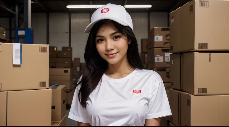 RAW Photo, DSLR BREAK (kkw-ph1:0.9) BREAK half body portrait of 1 young 20yo woman, holding a big box, holding a large box, black hair, wavy hair, wearing plain white t shirt, plain white trucker cap, perfect eyes, perfect lips, perfect nose, professional ...