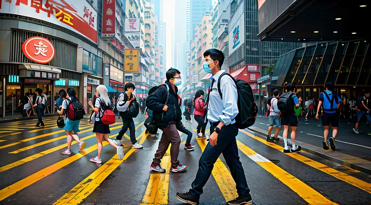 people walking across a crosswalk in a busy city street, streets of hong kong, people walking down a street, busy streets filled with people, people walking on street, people walking in street, travelers walking the streets, street of hong kong, busy stree...