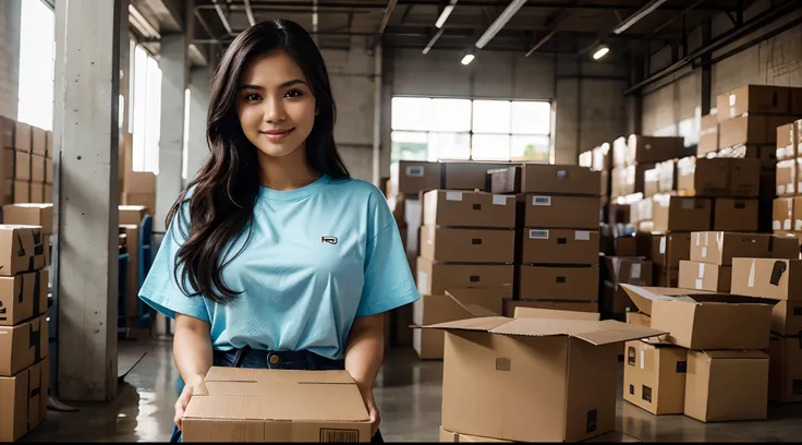 RAW Photo, DSLR BREAK (kkw-ph1:0.9) BREAK portrait of 1 young 20yo woman, holding a big box, holding a large box, black hair, wavy hair, wearing plain lightblue t shirt, plain lightblue trucker cap, perfect eyes, perfect lips, perfect nose, professional co...