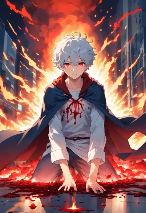 A young teenage man with curly white hair and blood-red eyes in a white outfit is a black cape tied with blood on the body on the floor, a pile of corpses with blood on the ground catching fire blue color