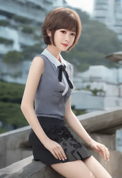 ((top-quality, in 8K,Raw photo)), (Realistic, Photorealsitic: 1.37), (Face Focus: 1.1), Cute Japan girl girl, short-hair, Hair fluttering in the wind, femele、Japan idol system、(Sleeveless: 1.1)、Skirt, C cup breasts,