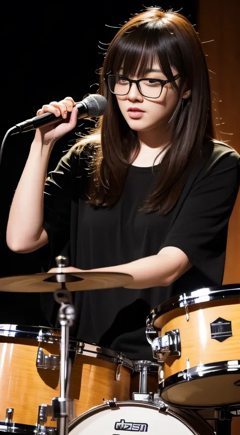 （wears glasses）、playing drums、absolutely outstanding image, very extremely beautiful、​masterpiece, top-quality,a picture, kawaii、(Colossal tits:1.2)、,8K,Japan girl realistic young idol、Young cute gravure idol、Young Sensual Gravure Idol、Young gravure idols、...