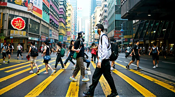 people walking across a crosswalk in a busy city street, streets of hong kong, street of hong kong, people are wearing masks, travelers walking the streets, people walking in street, people walking on street, people walking down a street, busy streets fill...