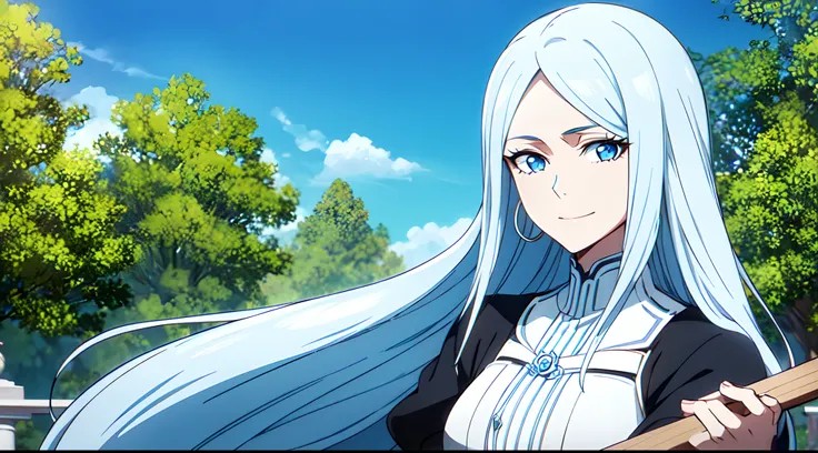 masterpiece, best quality, 1lady, very long hair with, white hair braiding, light blue eyes, light smile, earrings, flowers hairpin, blue sky, outdoors, close up, shinigami black uniforms