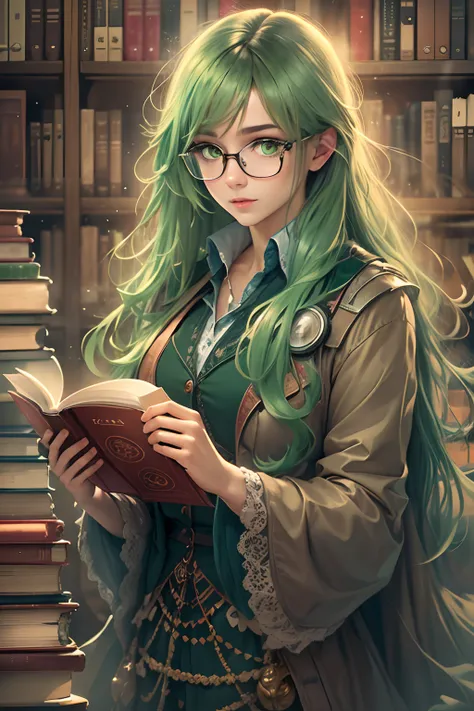 highres, realistic portrait, beautiful,young,4k,(energetic,bright:1.1) green eyes,sharp glasses, long green hair, excentric attractive cloth,huge library background,scientific tools,books and papers scattered around, cozy lighting, bookshelves filled with ...