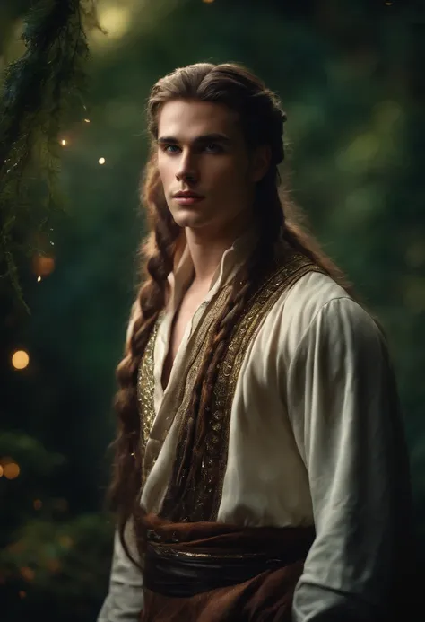 ((One Man)), (((Fantasy portrait of a beautiful young man in a mithorogic costume))), ((Long sleaves)), With mystical colored eyes, pale skin, ((Loose braided long hair)), Magical, Beautiful, Enchanting, Photorealism, mid-shot, ((Deep forest)), Fantasy Art...