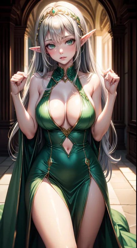 Grown-up girl, Long silver hair, elf ears, Green eyes, large breasts, Green lipstick, green dress, open dress, open breasts, Sleeveless, Sexy, erotic dress, transparent dress, Princess, Gold Elements, Hands up, Masterpiece, hiquality, 4k, HD, Good detail