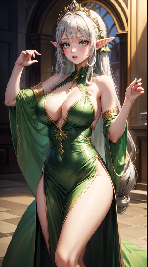 Grown-up girl, Long silver hair, elf ears, Green eyes, large breasts, Green lipstick, green dress, open dress, open breasts, Sleeveless, Sexy, erotic dress, transparent dress, Princess, Gold Elements, Hands up, Masterpiece, hiquality, 4k, HD, Good detail