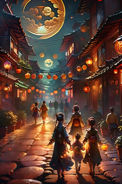 Mid-Autumn Festival poster depicting the street atmosphere，Family reunion，Enjoy the moon together，Children playing with lanterns