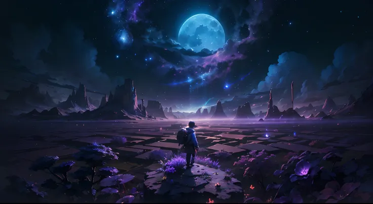 Expansive landscape photograph , (View from below，Displays the sky above and the clearing below), A boy stands on a field of flowers and looks up, (full moon:1.2), ( meteors:0.9), (Starcloud:1.3), Far Mountain, tree BREAK
production art, (Warm light source...