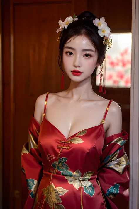 1girls,shrubs,Girl-Girl,china dress,chinese clothes,hair flower,(masterpiece:1.4),(bestquality:1.4),(oily shiny skin),Red lips,looking at the audience,Big breasts,cleft lip, upper body,