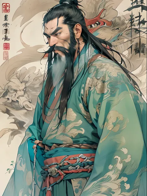 (((China-style，Ink painting method，Half-length portrait，Intense color，Han dynasty, China，Hanfu，Armor，Guan yu，Guan Yunchang，of a guy，Ruddy killing square face，Hold the Blue Dragon Moon Knife in his right hand，Stroke your beard with your left hand，Long hair，...