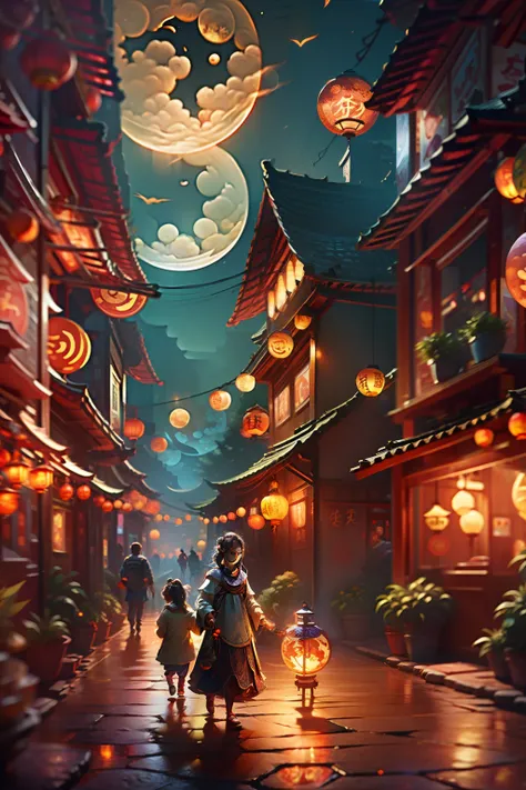 Mid-Autumn Festival poster depicting the street atmosphere，Family reunion，Enjoy the moon together，Children playing with lanterns