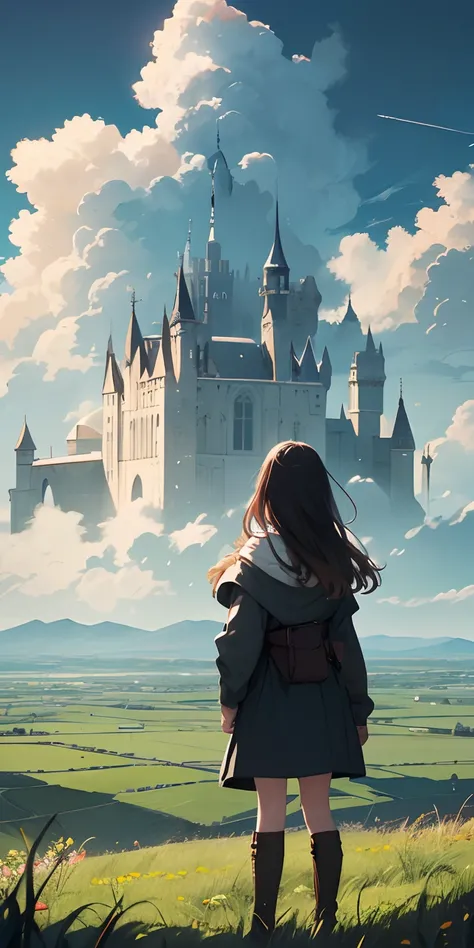 Vast landscape photos、Girl standing on the prairie looking up at the sky、Medieval European castles can be seen in the distance