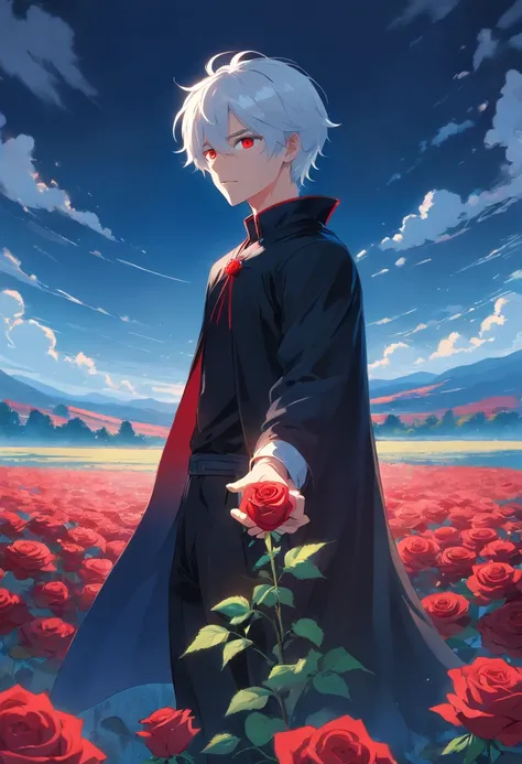 A young man with white hair and red eyes in a black outfit with a white cape with red details holding a blue rose in his hand in a field of red roses