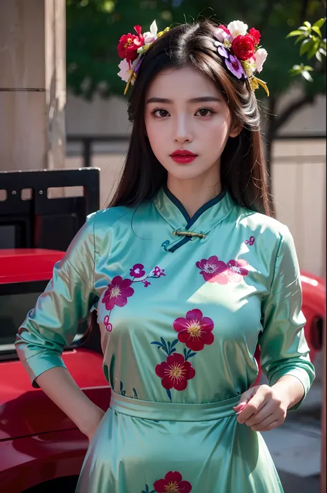 (bestquality, 8k, highres),1girls,shrubs,Girl-Girl,china dress,chinese clothes,hair flower,(masterpiece:1.4),(bestquality:1.4),(oily shiny skin),Red lips,looking at the audience,Big breasts,cleft lip,