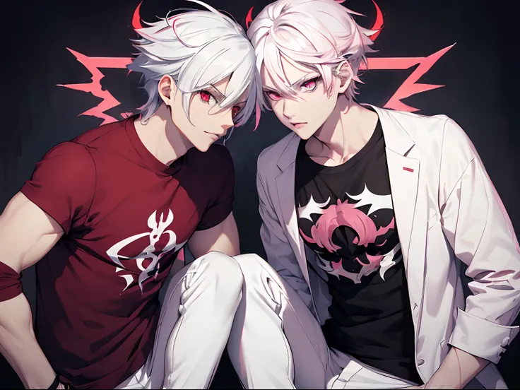 2 boys (white hair, red eyes, black T-Shirt, White pants, demonic) (pink hair, blue eyes, black T-Shirt, White pants, demon lord) hell, the strongest duo