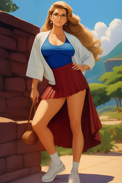 Arte similar Jonh Buscema,1garota,cabelos longos ondulados,cabelos loiros,olhos azuis, estudante colegial, with prescription glasses, super realista, middlebreasts, roupas,  jaqueta em moletom, pleated plaid skirt and sneakers,olhar ingenuo, postura de vir...