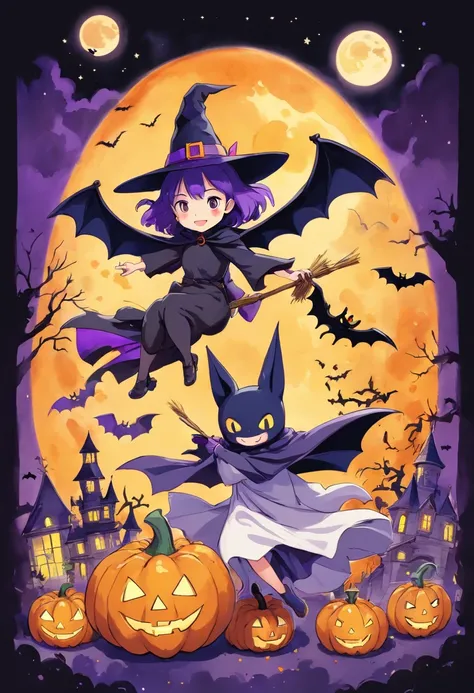 Halloween Elements, Watercolor Art: Black Bat, Ghost Pumpkin Ghost, Ghost Moon, Ghost Broom, Purple Talking Hat Witch, Spider with yellow and black stripes, Witchs Castle, magic black background, Simple image with special sticker illustration