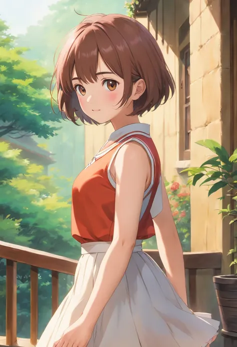 ((top-quality, in 8K,Raw photo)), (Realistic, Photorealsitic: 1.37), (Face Focus: 1.1), cute Japanese girls, short-hair, Hair fluttering in the wind, femele、Japan idol system、(Sleeveless: 1.1)、Skirt, C cup breasts,