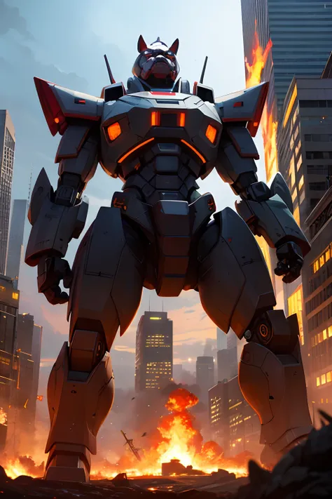 A giant mecha bulldog head with fiery eyes towering over a cyber city, anime style