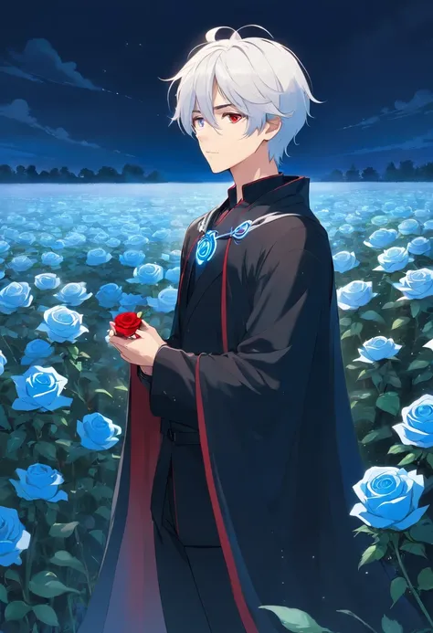 A young man with white hair and red eyes in a black outfit with a white cape with blue accents holding a blue rose in his hand in a field of blue roses