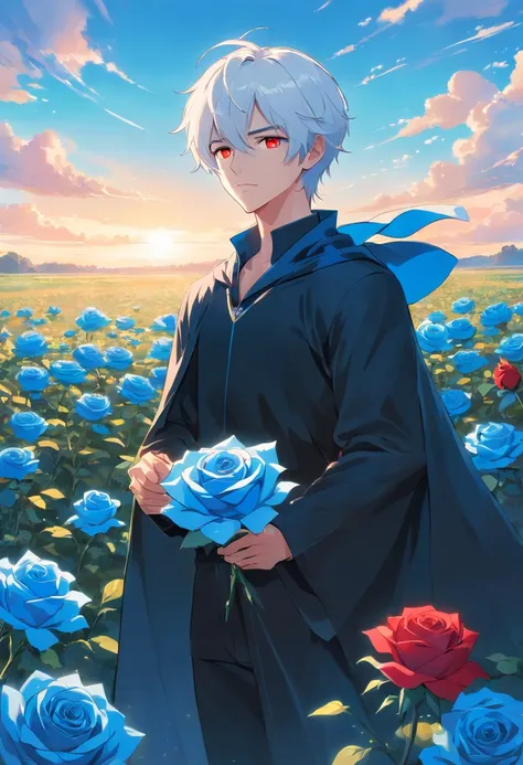 A young man with white hair and red eyes in a black outfit with a white cape with blue accents holding a blue rose in his hand in a field of blue roses