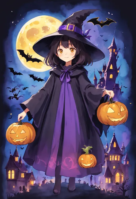 Halloween Elements, Watercolor Art: Black Bat, Ghost Pumpkin Ghost, Ghost Moon, Ghost Broom, Purple Talking Hat Witch, Spider with yellow and black stripes, Witchs Castle, magic black background, Simple image with special sticker illustration