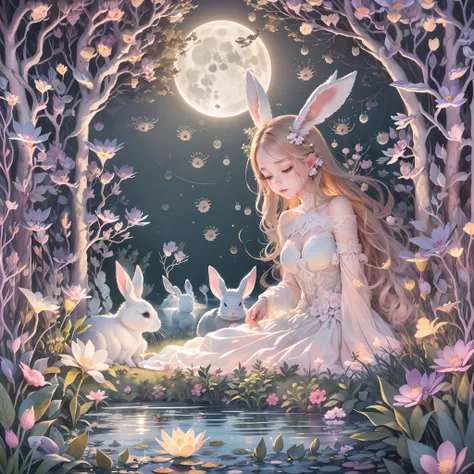 Girl in the garden,paper cut out,(A smart rabbit),Delicate flowers,Pastel colors,Best quality,mediating:Dreamy,serene,Surreal,fantasy,Detailed eyes,sophisticated dress,Lush greenery,Endless meadows,Soft sunlight,magical,Peaceful,Whimsical,Graceful,Sleep in...