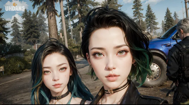 there are two women with green hair standing next to each other, high detailed perfect faces, medium shot of two characters, beautiful screenshot, with fully detailed faces, ayami kojima and lyde caldwell, uhd realistic faces, realistic artstyle, two beaut...