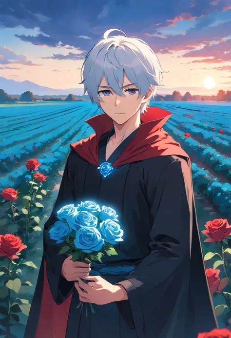 A young man with white hair and red eyes in a black outfit with a white cape with blue details holding a blue rose in his hand in a field of red roses