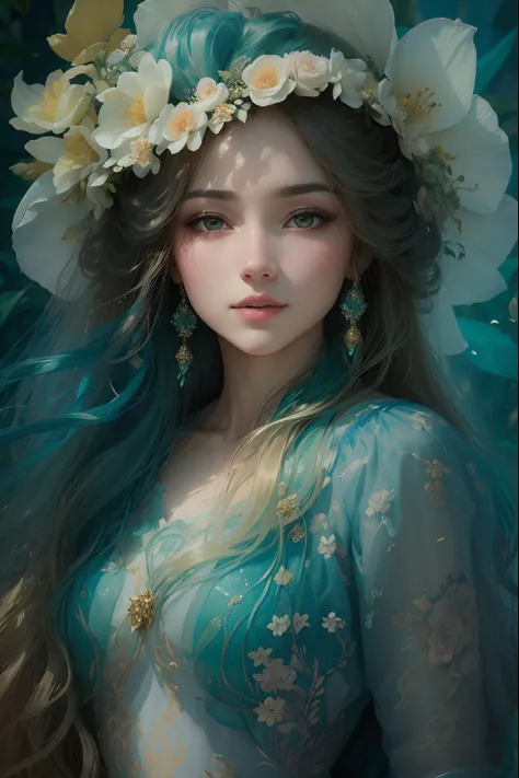 high quality, 8K Ultra HD, full color, etching aquatint, fine lines and shadows, In the heart of Floral Fantasy Wonderland, behold a captivating and ethereal spirit of a beautiful maiden, gracefully adorned with the essence of blooming flowers. Her golden ...