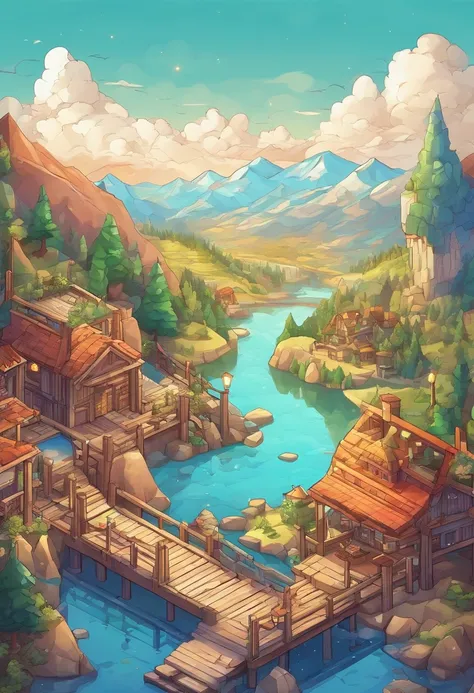 Game background, hand drawn style, venue, distant mountains, rivers, sky