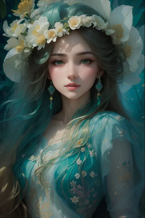 high quality, 8K Ultra HD, full color, etching aquatint, fine lines and shadows, In the heart of Floral Fantasy Wonderland, behold a captivating and ethereal spirit of a beautiful maiden, gracefully adorned with the essence of blooming flowers. Her golden ...