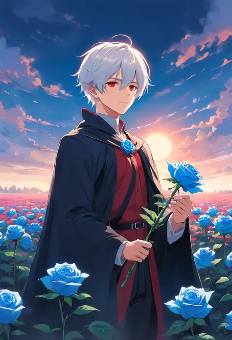 A young man with white hair and red eyes in a black outfit with a white cape with blue details holding a blue rose in his hand in a field of red roses