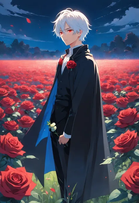 A young man with white hair and red eyes in a black outfit with a white cape with blue details holding a blue rose in his hand in a field of red roses