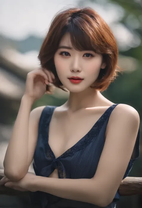 ((top-quality, in 8K,Raw photo)), (Realistic, Photorealsitic: 1.37), (Face Focus: 1.1), cute Japanese girls, short-hair, Hair fluttering in the wind, femele、Japan idol system、(Sleeveless: 1.1)、Skirt, C cup breasts,