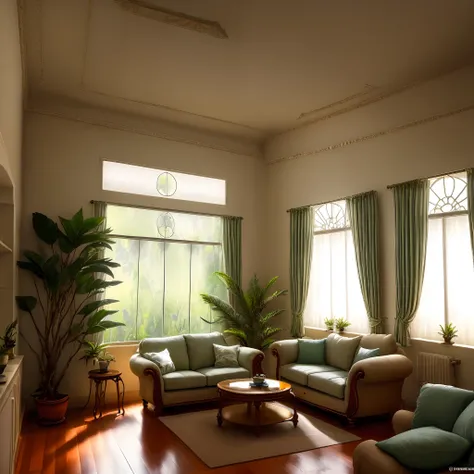 Sala linda e aconchegante, pleasant environment, Furniture organized and clean, Soft ambient light coming through the beautiful glazed windows, muita plantas, cozy sofa, cores vivas e quentes da tarde, brisa nas cortinas das janelas.