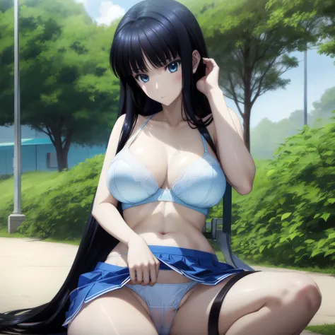 1girl, long hair, black hair, light blue eyes, large breast, unbottened white tight shirt, white bra, blue skirt, white panties, outdoor, public park background, sitting, nipple perked out from under bra,