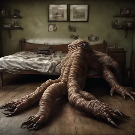 there is a creepy creature that is laying on the floor, the monster under the bed, sleep paralysis monster