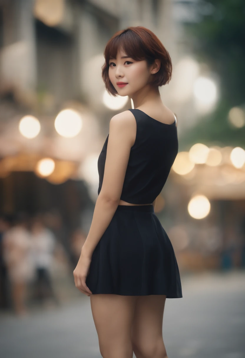 ((top-quality, in 8K,Raw photo)), (Realistic, Photorealsitic: 1.37), (Face Focus: 1.1), cute Japanese girls, short-hair, Hair fluttering in the wind, femele、Japan idol system、(Sleeveless: 1.1)、Skirt, C cup breasts,