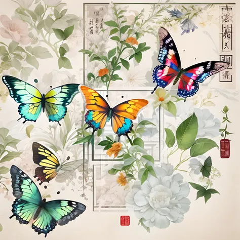 （white backgrounid：1.4），（对称：1.5），（Masterpiece butterfly，middle，Oriental elements），（China - chic illustration：1.2，Vector painting：1.2），（Chinese colors，senior color matching），（Reasonable design，Clear lines，High clarity，MUCH QUALITY，Very meticulous，tmasterpie...