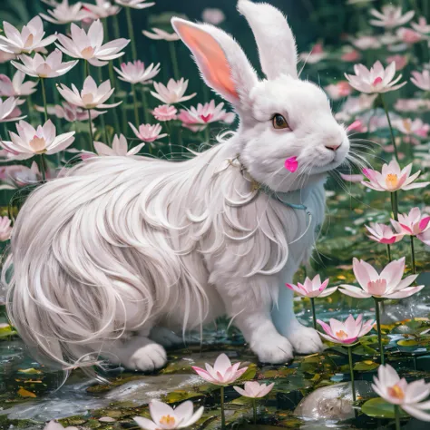 White Longhair Rabbit 32K（tmasterpiece，k hd，hyper HD，32K）Long flowing black hair，ponds，zydink， a color，  Flowing white long-haired jade rabbit（Slightly drunk jade rabbit）， （Rouge scarf）， Combat posture， looking at the ground， Flowing white long-haired jade...