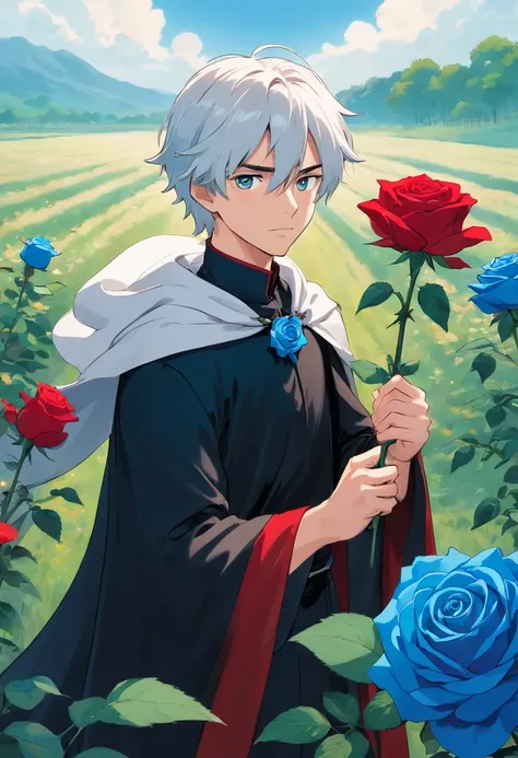 A young man with white hair and red eyes in a black outfit with a white cape with blue details holding a blue rose in his hand in a field of red roses