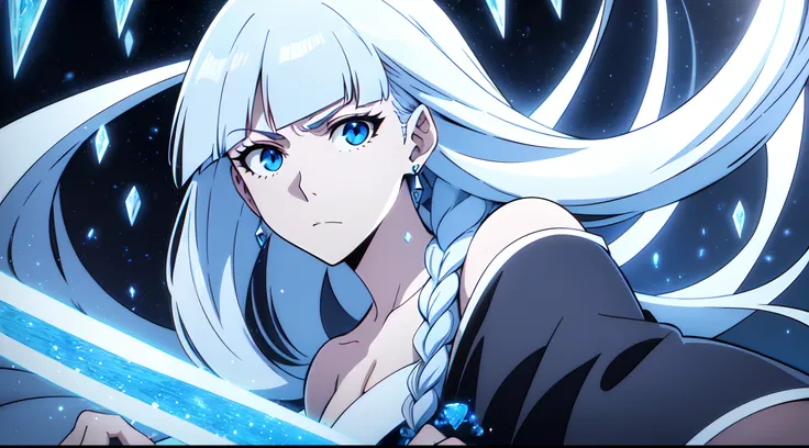 masterpiece, best quality, 1girl, solo, very long hair bangs, white hair braiding, light blue eyes, calm, earrings, close up, off shoulder black dress shinigami, katana, bankai, power, freeze/ice crystals, look at viewer