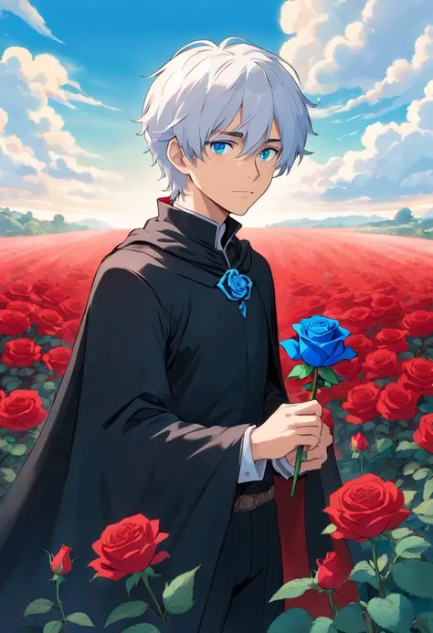 A young man with white hair and red eyes in a black outfit with a white cape with blue details holding a blue rose in his hand in a field of red roses