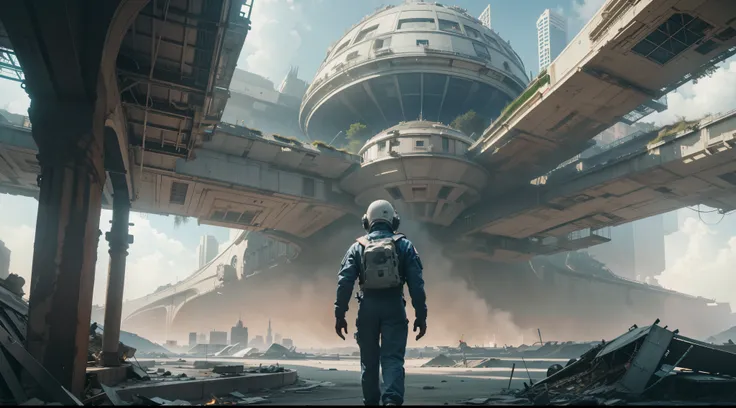 Astronauts are exploring the ruins of a futuristic city. The scene was full of anticipation and mystery. Perspective Overlook The scene is full of intricate details, Show off cinematic style ，surrealism, hyper photorealism, Chiaroscuro, Depth of field, JPE...